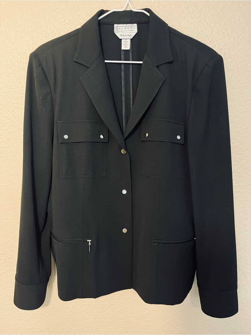 VTG Talbots Collection Made in Italy Wool Utility Blazer Jacket Black Size 12